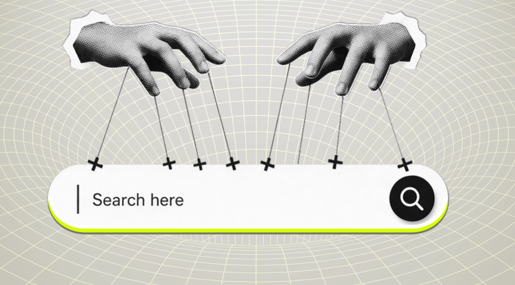 Two hands pull puppet strings tied to a search bar